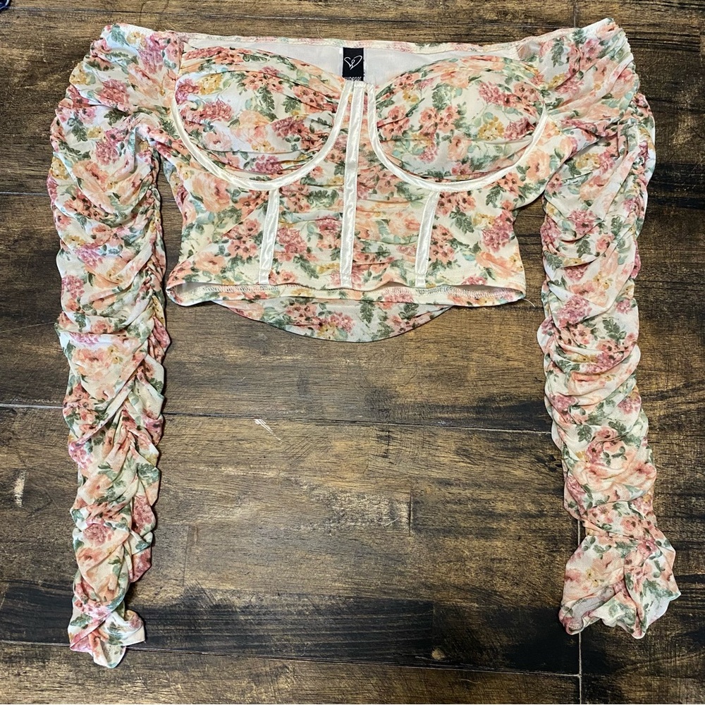 Windsor Floral Off-Shoulder Cropped Mesh Blouse with Ruched Long Sleeves